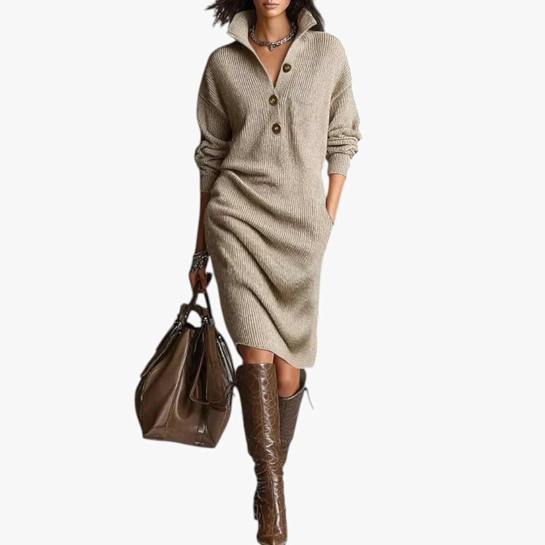 Robe Pull Femme Mini avec Col Boutonné et Maille Côtelée