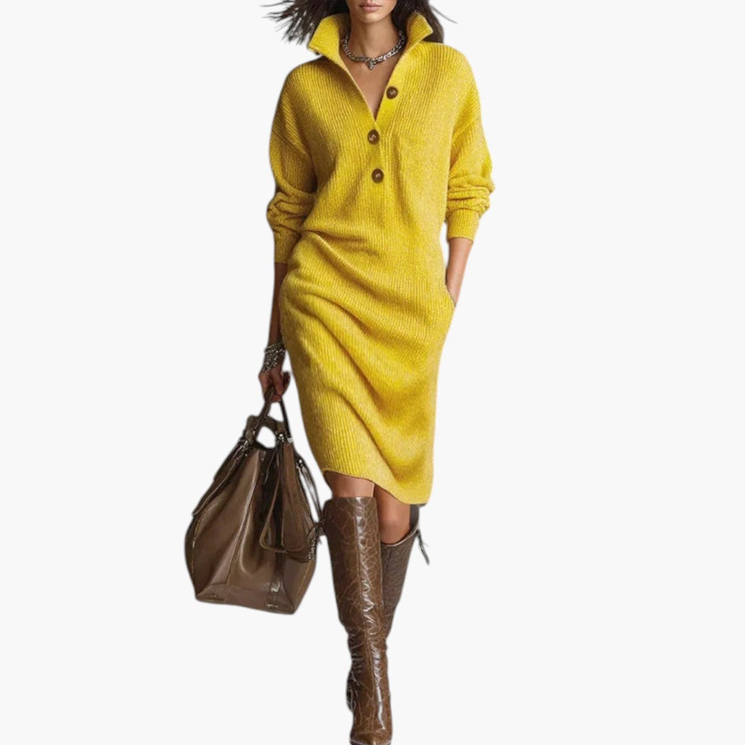 Robe Pull Femme Mini avec Col Boutonné et Maille Côtelée