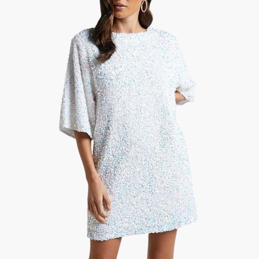 Robe à sequins pour femme avec encolure ronde et manches évasées