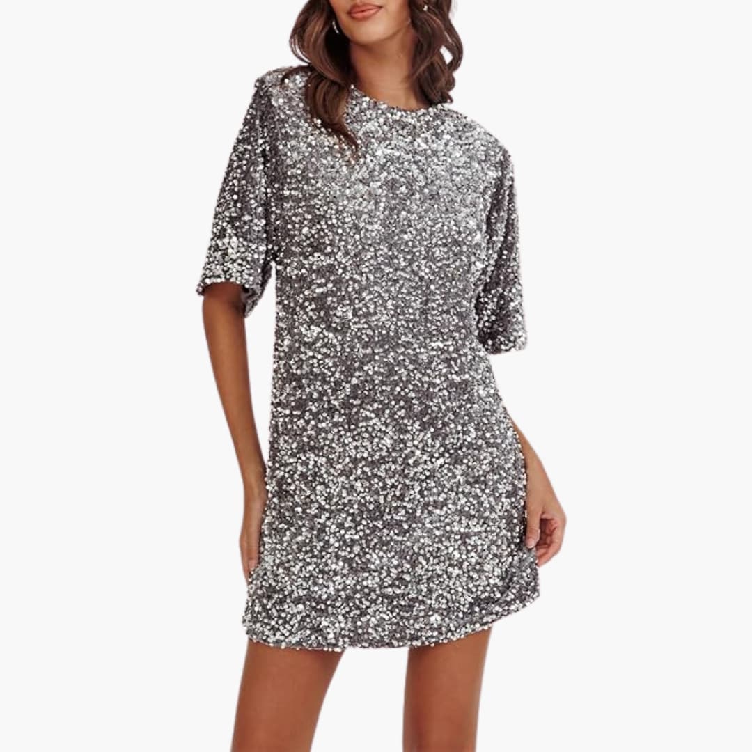 Robe à sequins pour femme avec encolure ronde et manches évasées