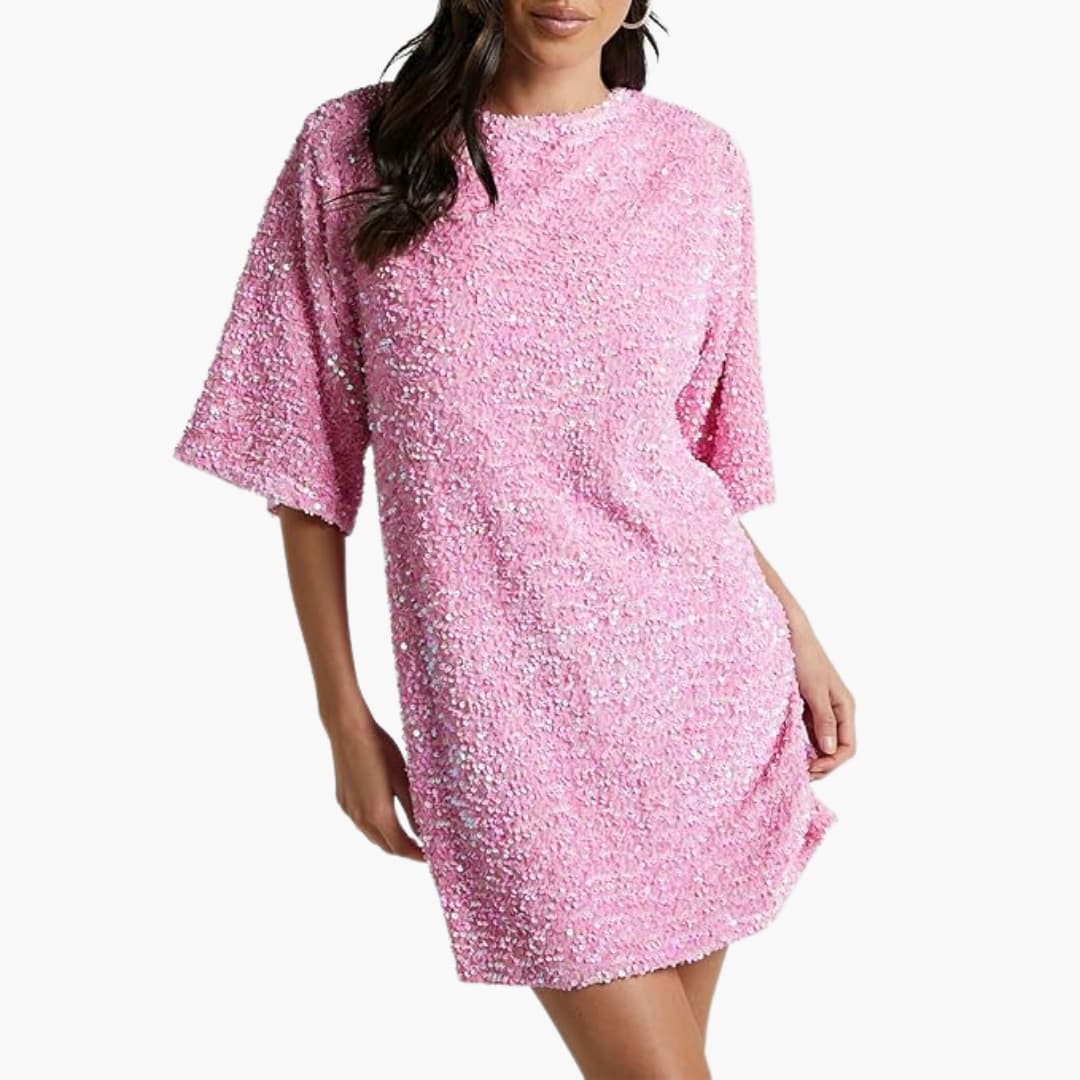 Robe à sequins pour femme avec encolure ronde et manches évasées