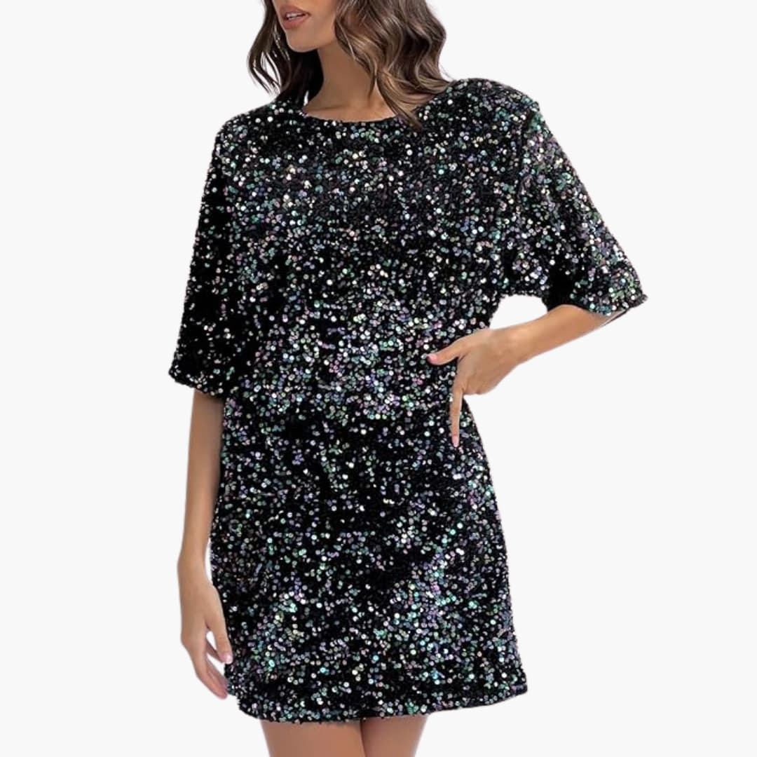 Robe à sequins pour femme avec encolure ronde et manches évasées