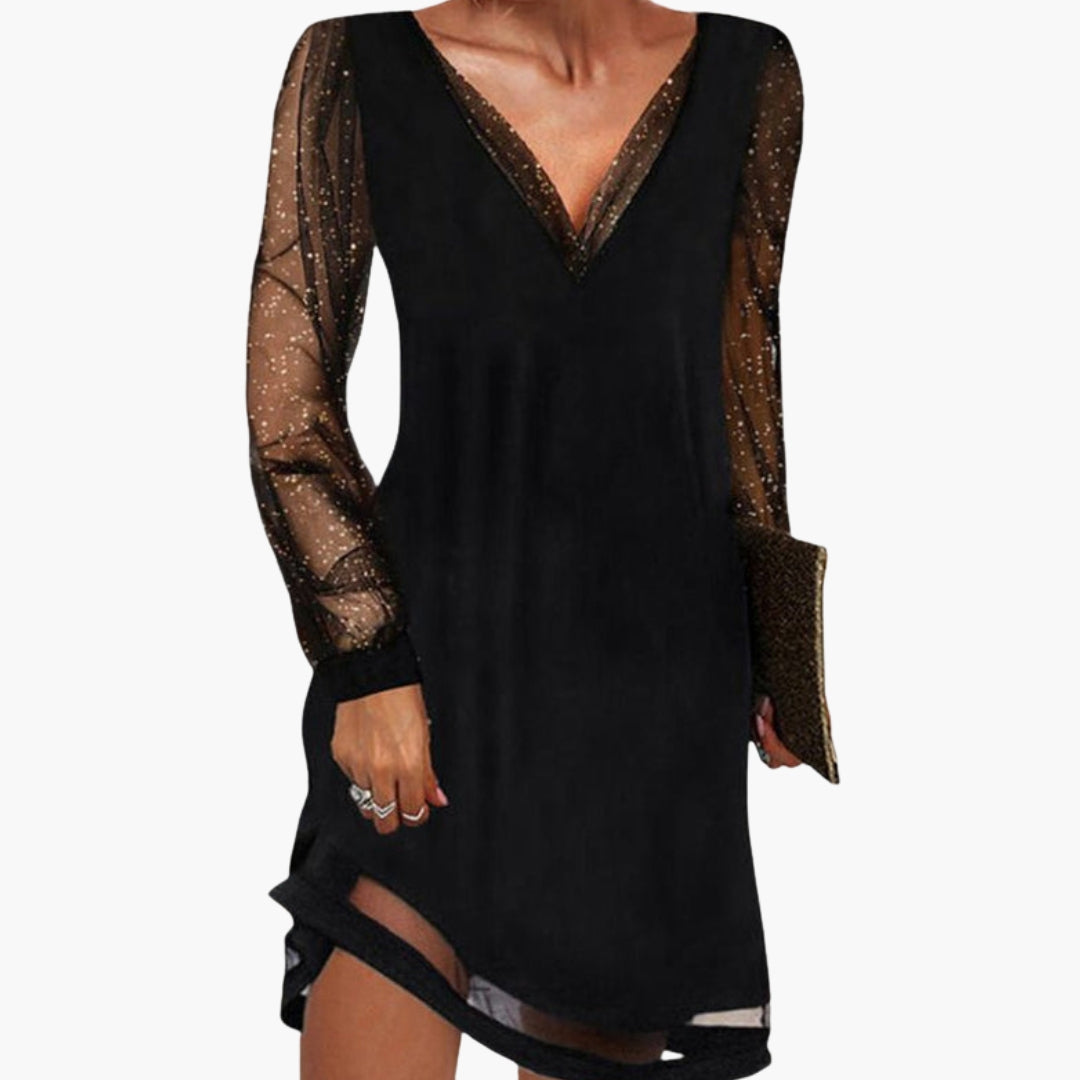 Robe cocktail glamour pour femme avec manches à paillettes et décolleté plongeant flatteur