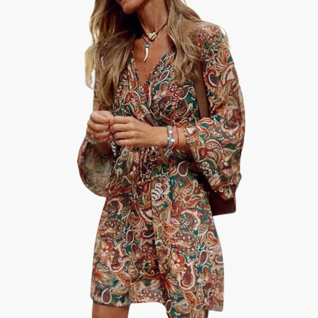 Vestito corto donna con scollo a V e stampa d'epoca