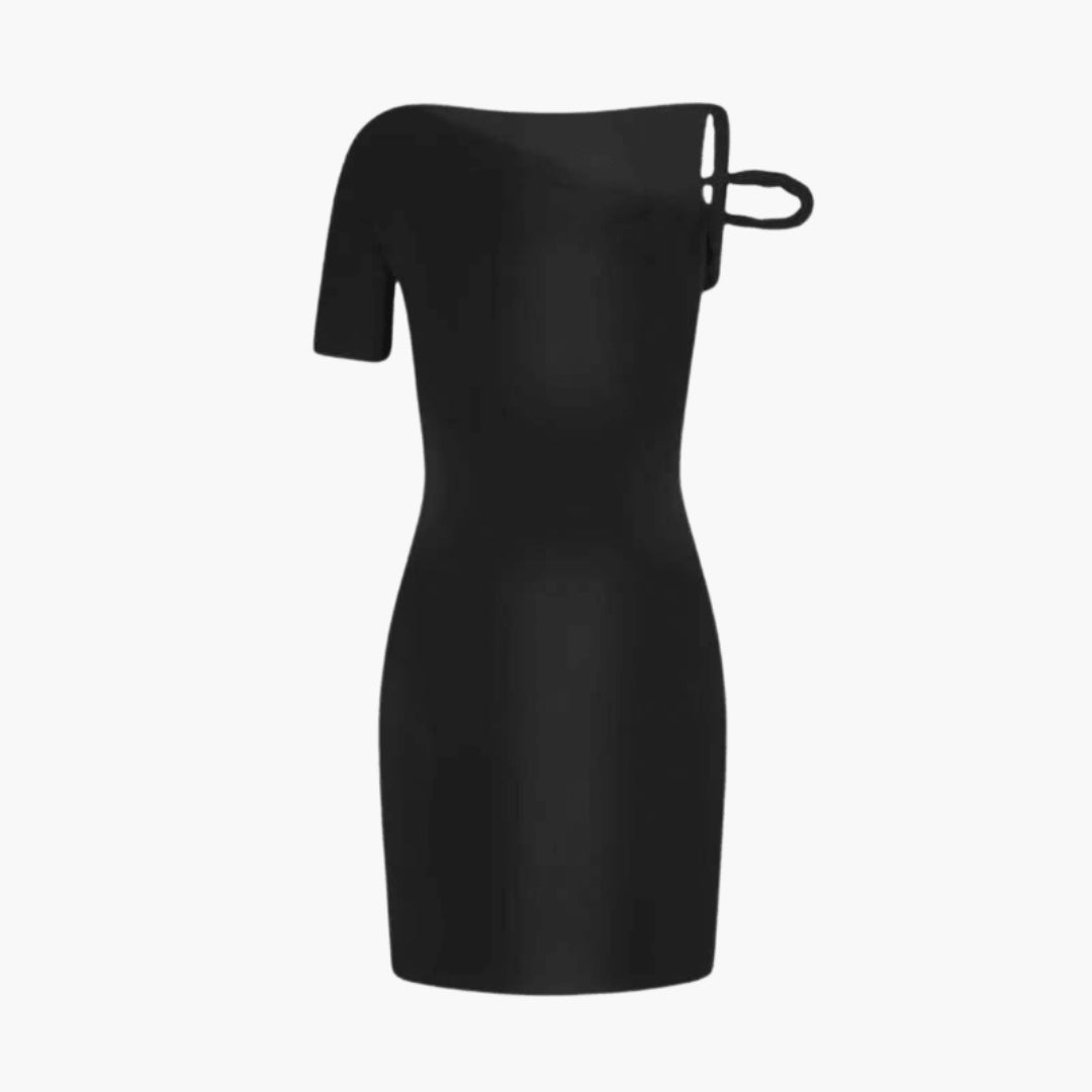 Vestido curto feminino assimétrico de um ombro com alça