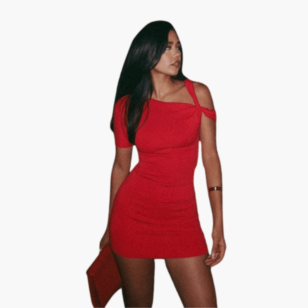 Vestido curto feminino assimétrico de um ombro com alça