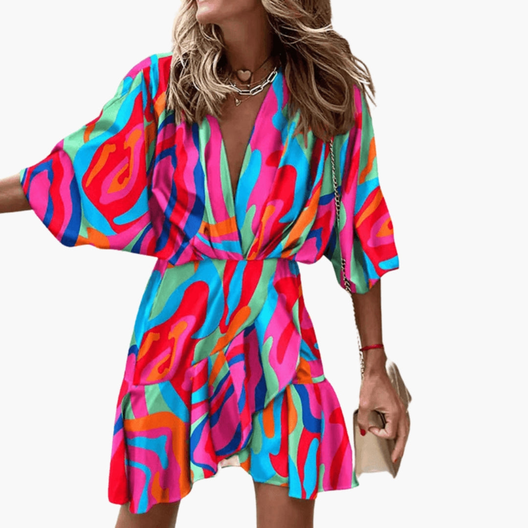 Robe courte femme col V avec manches chauve souris