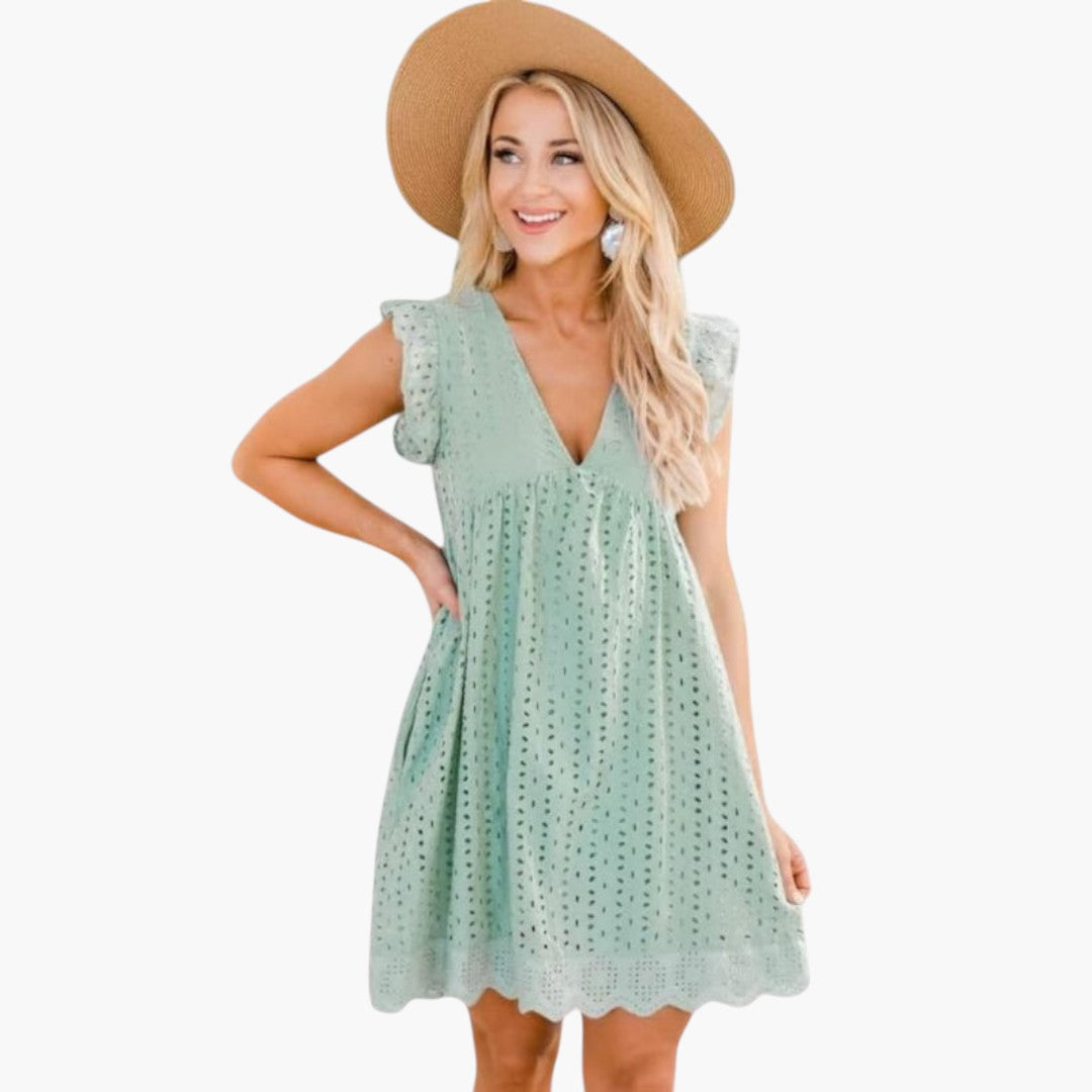 Vestito corto donna senza maniche con scollo a V e tasche laterali