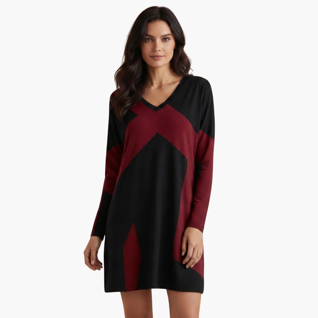 Robe curta para mulher com decote em V e padrão geométrico