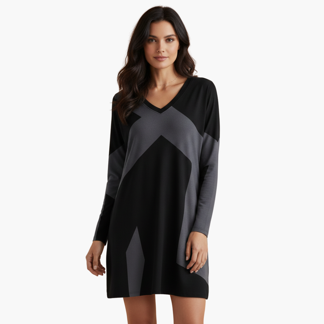 Robe curta para mulher com decote em V e padrão geométrico