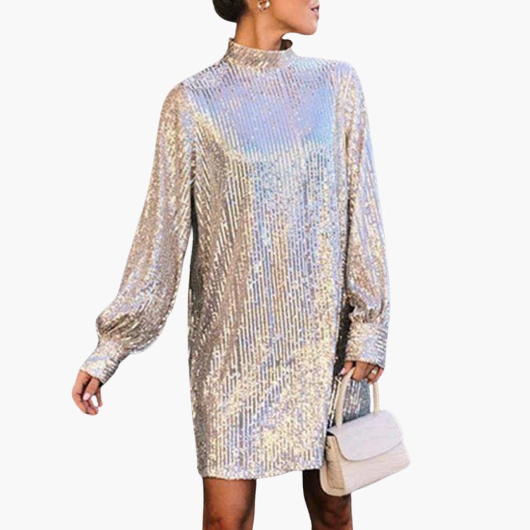 Robe courte pour femme avec col montant et surface à sequins