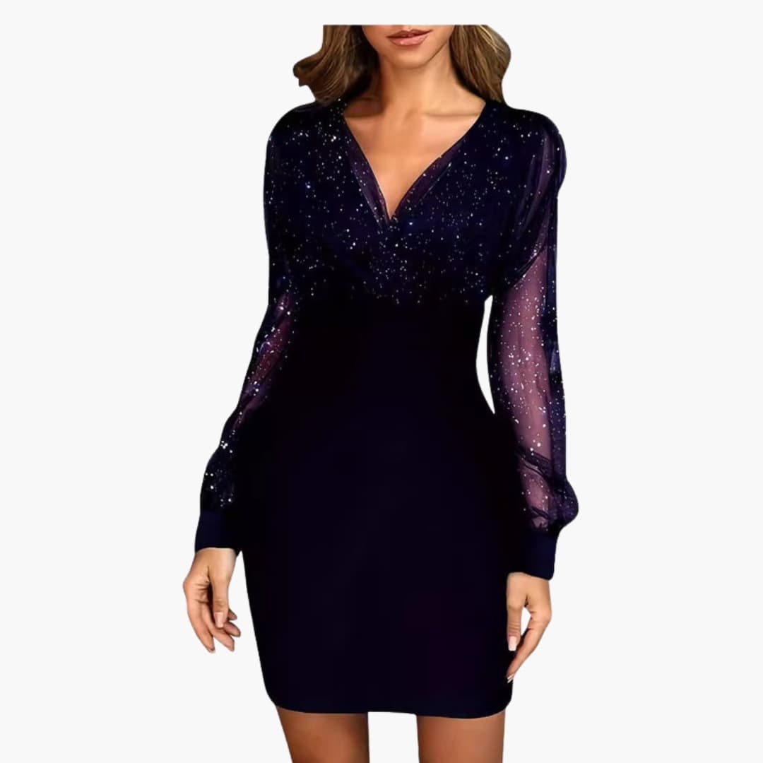 Robe de cocktail scintillante pour femme avec manches transparentes et coupe adaptée