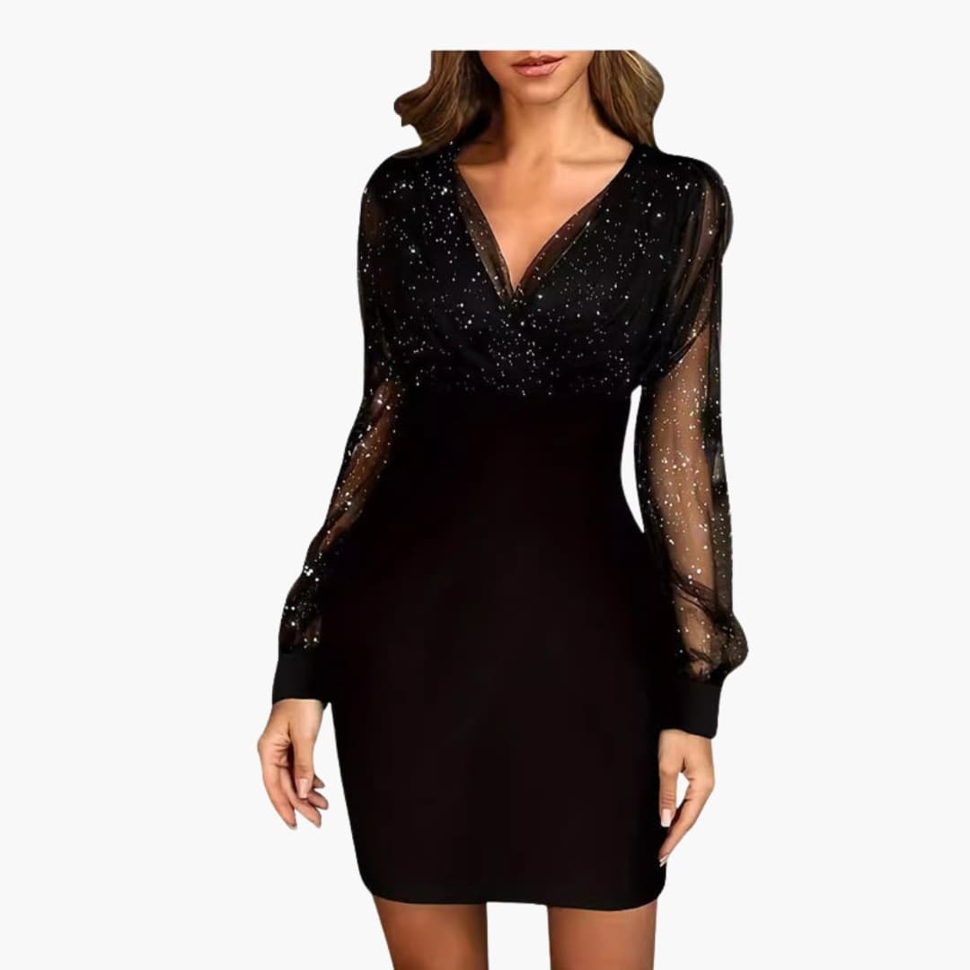 Robe de cocktail scintillante pour femme avec manches transparentes et coupe adaptée