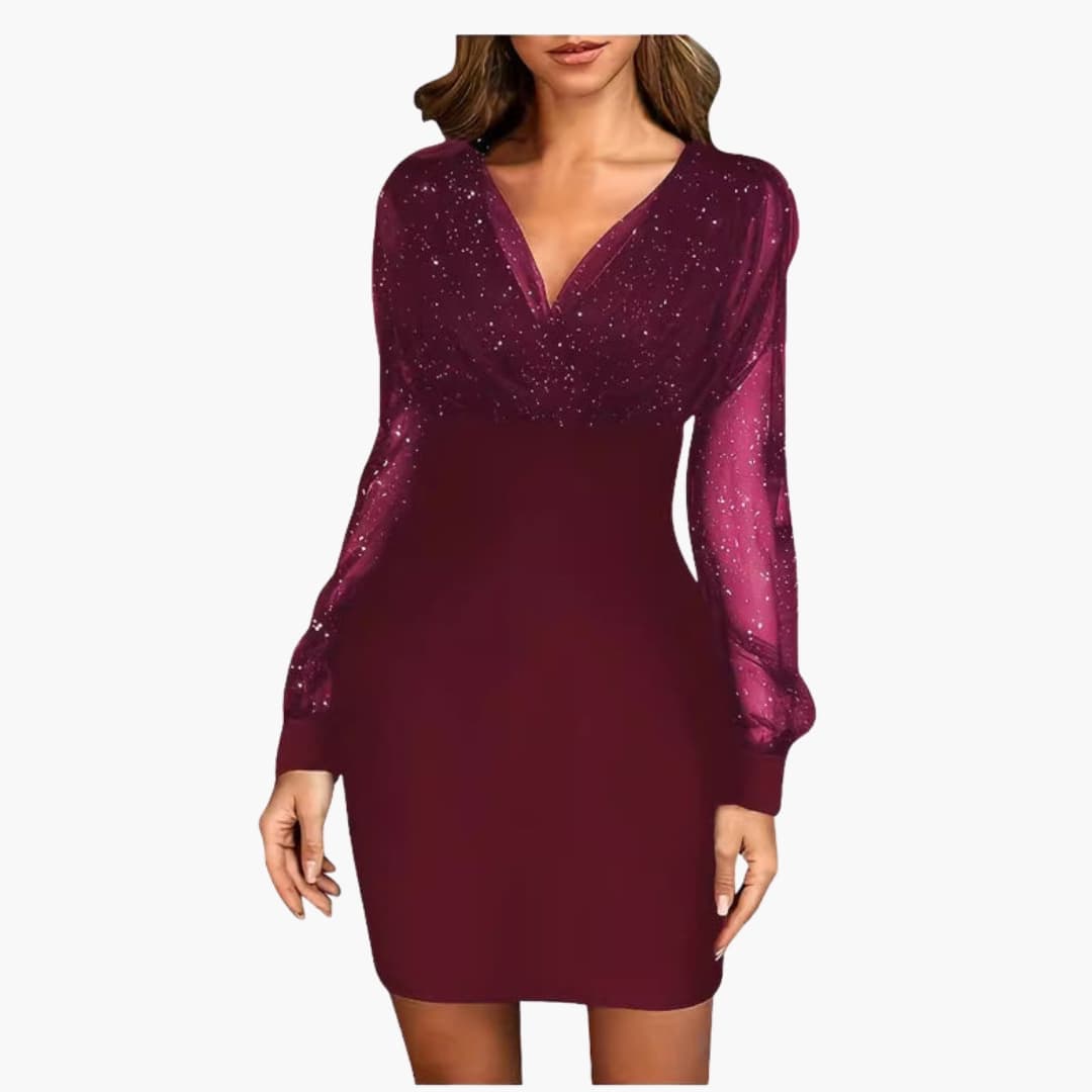 Robe de cocktail scintillante pour femme avec manches transparentes et coupe adaptée