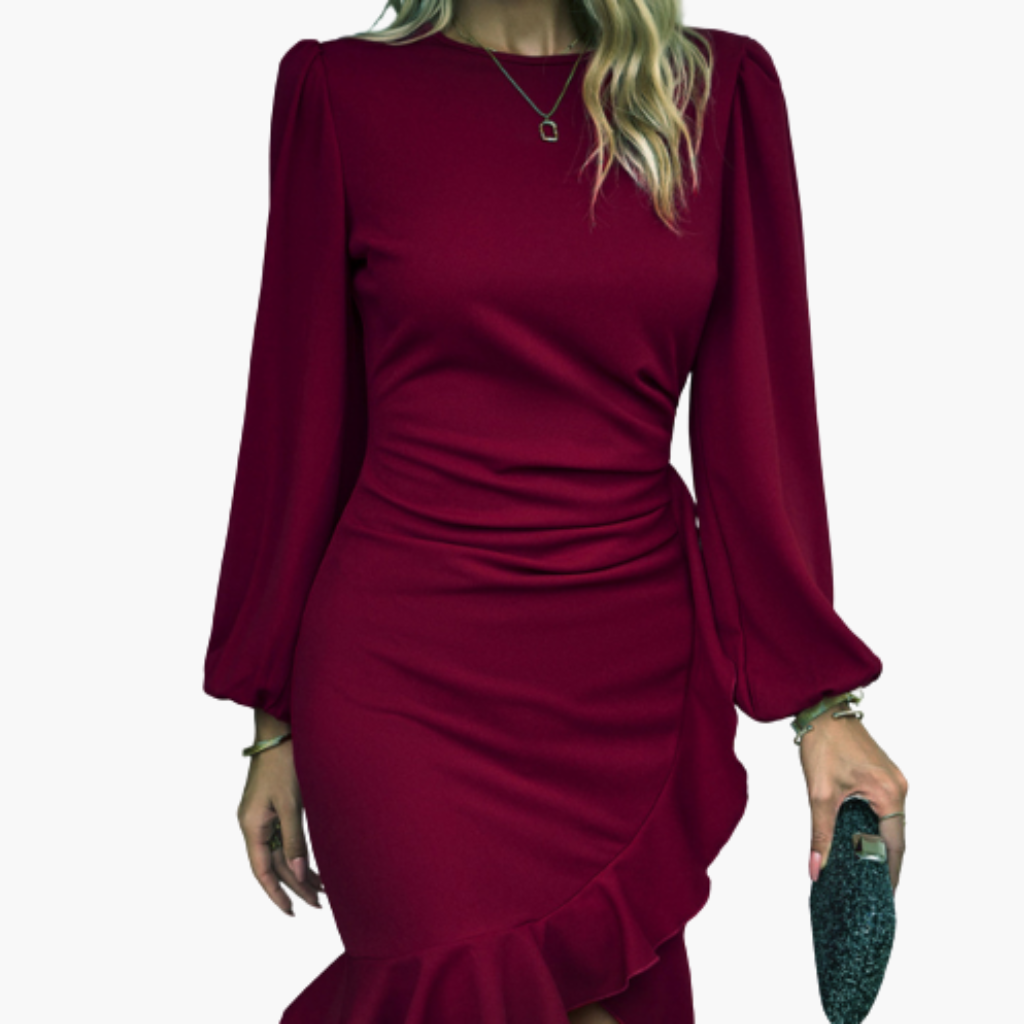 Fitted women's dress with long sleeves and ruffled hem
