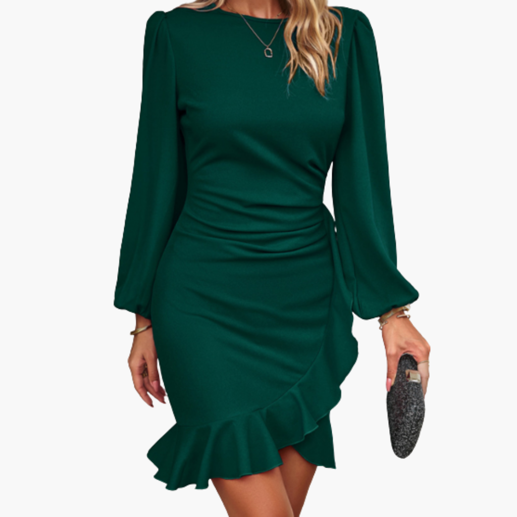 Fitted women's dress with long sleeves and ruffled hem