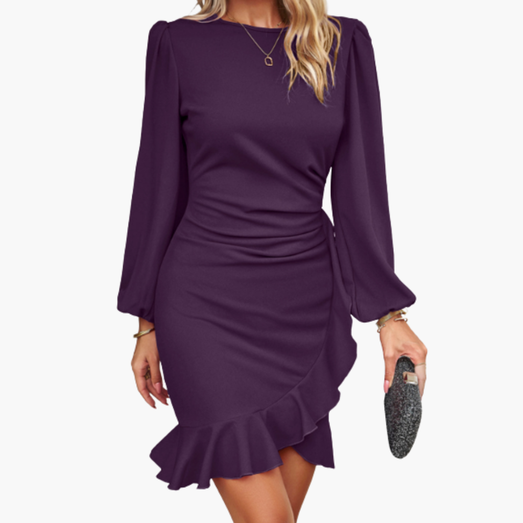 Fitted women's dress with long sleeves and ruffled hem