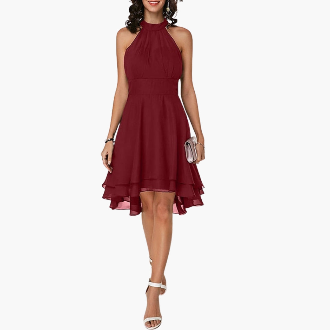 Robe femme sans manches avec ourlet volanté et col rond