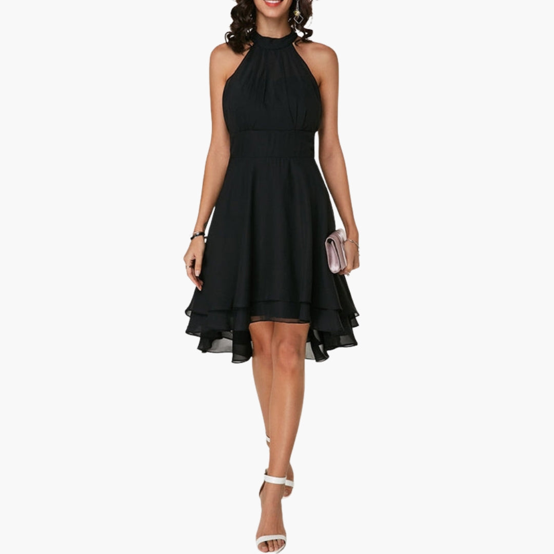 Robe femme sans manches avec ourlet volanté et col rond
