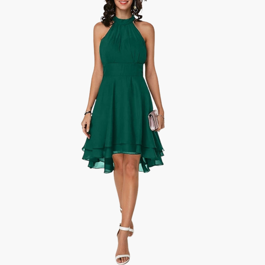 Robe femme sans manches avec ourlet volanté et col rond