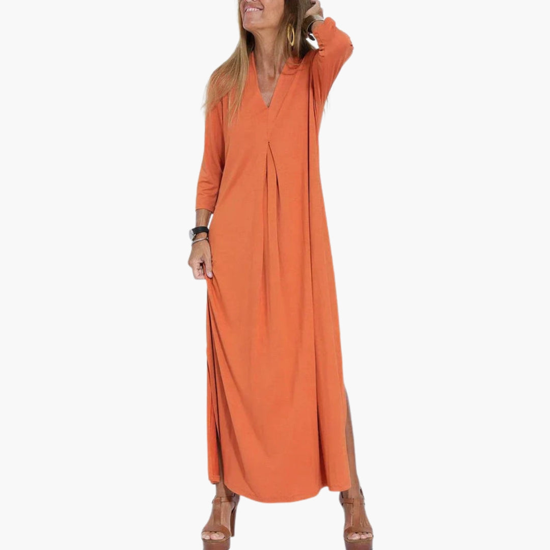 Robe longue femme à encolure en V et manches trois quarts