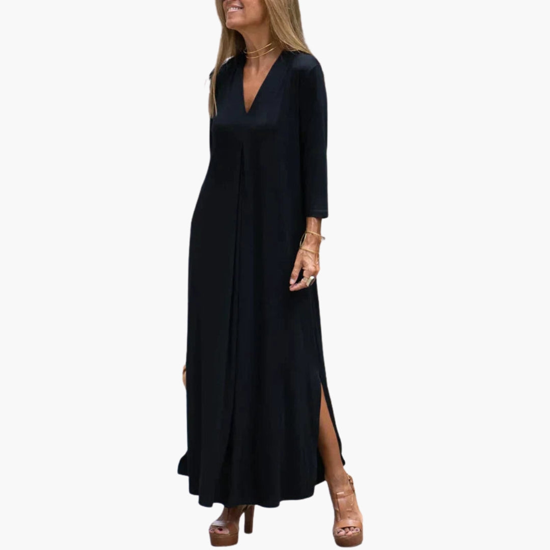 Robe longue femme à encolure en V et manches trois quarts