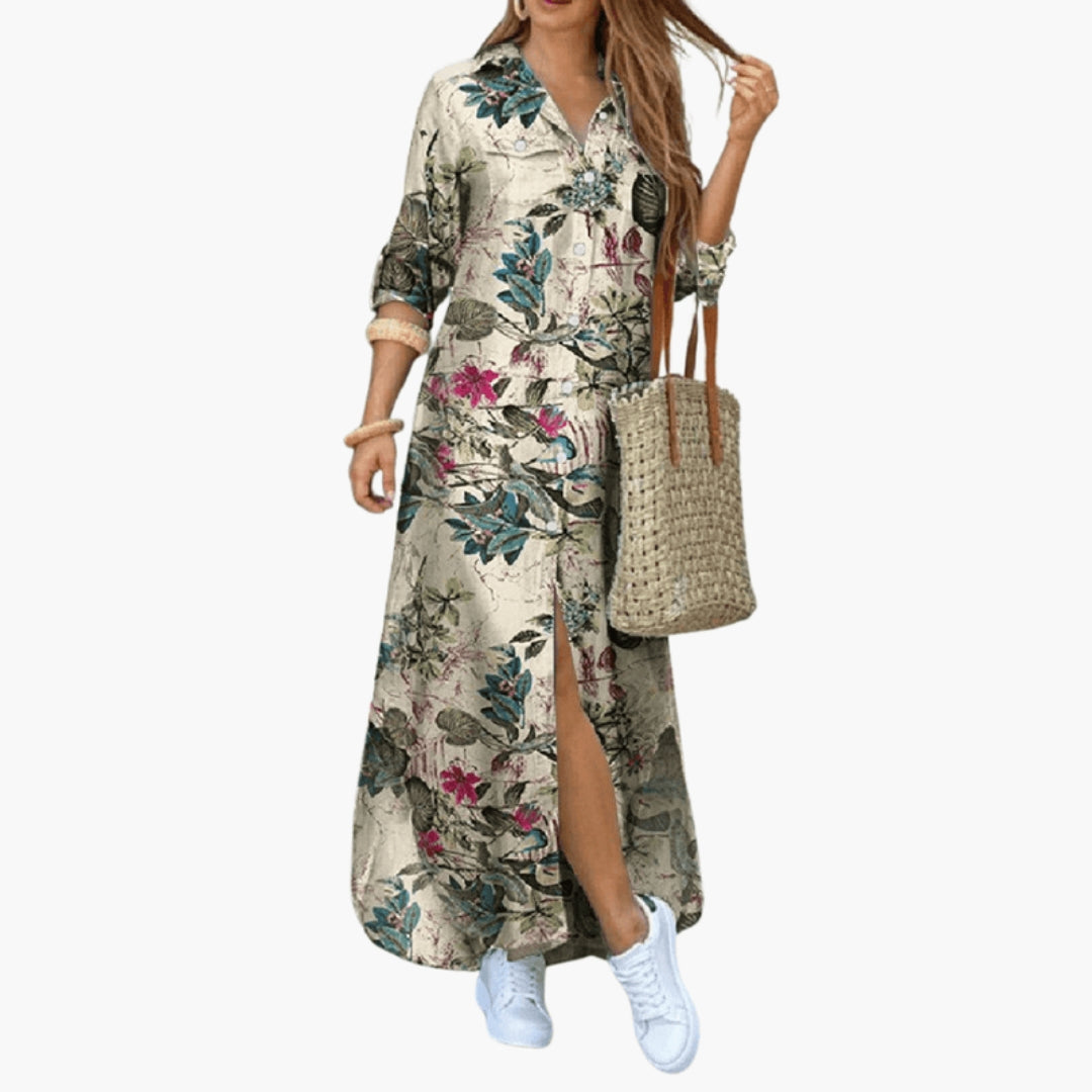 Robe longue femme à fleurs avec patte de boutonnage
