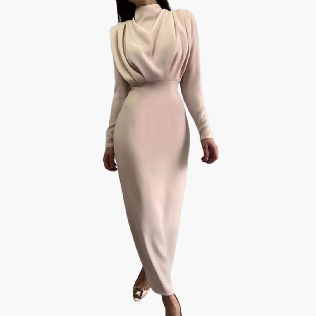 Abito lungo donna con corpetto drappeggiato e maniche lunghe