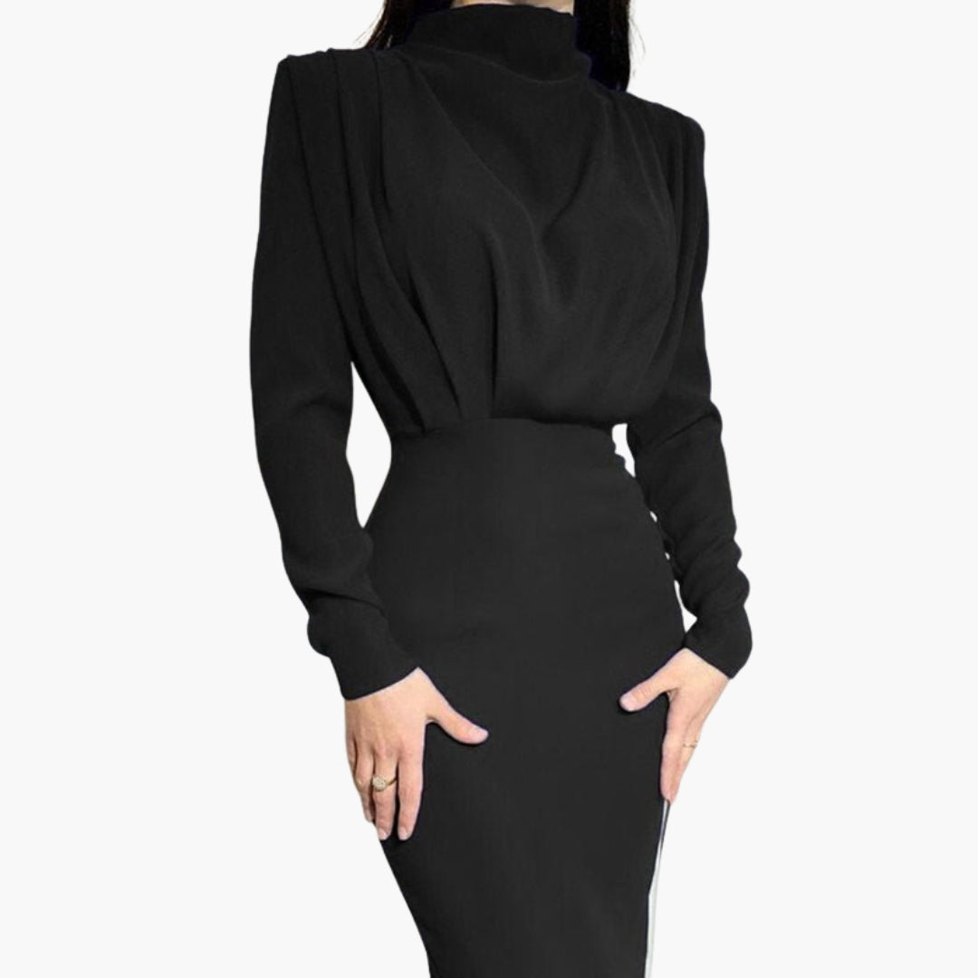 Abito lungo donna con corpetto drappeggiato e maniche lunghe