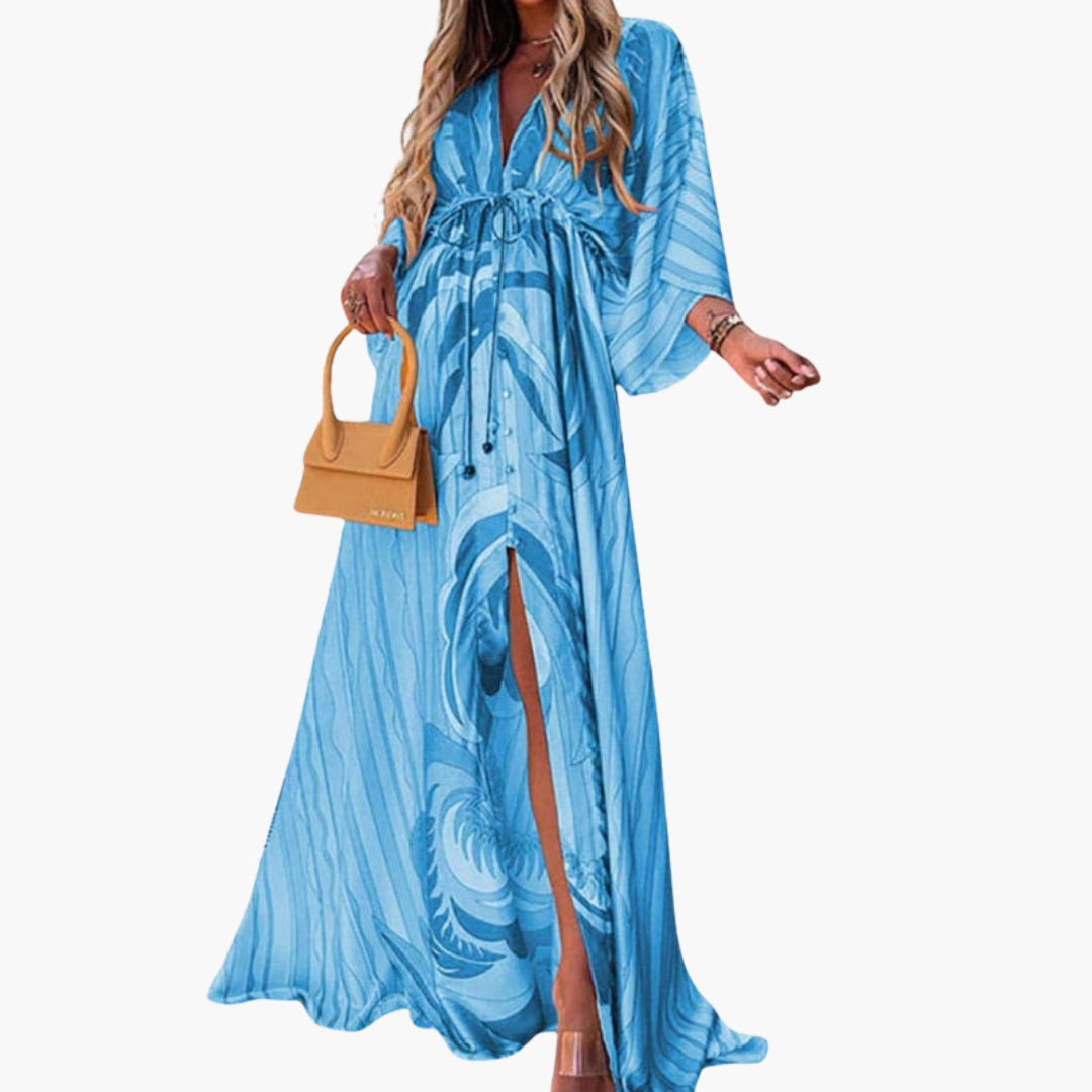 Abito lungo donna con scollo a V e vita con cordoncino