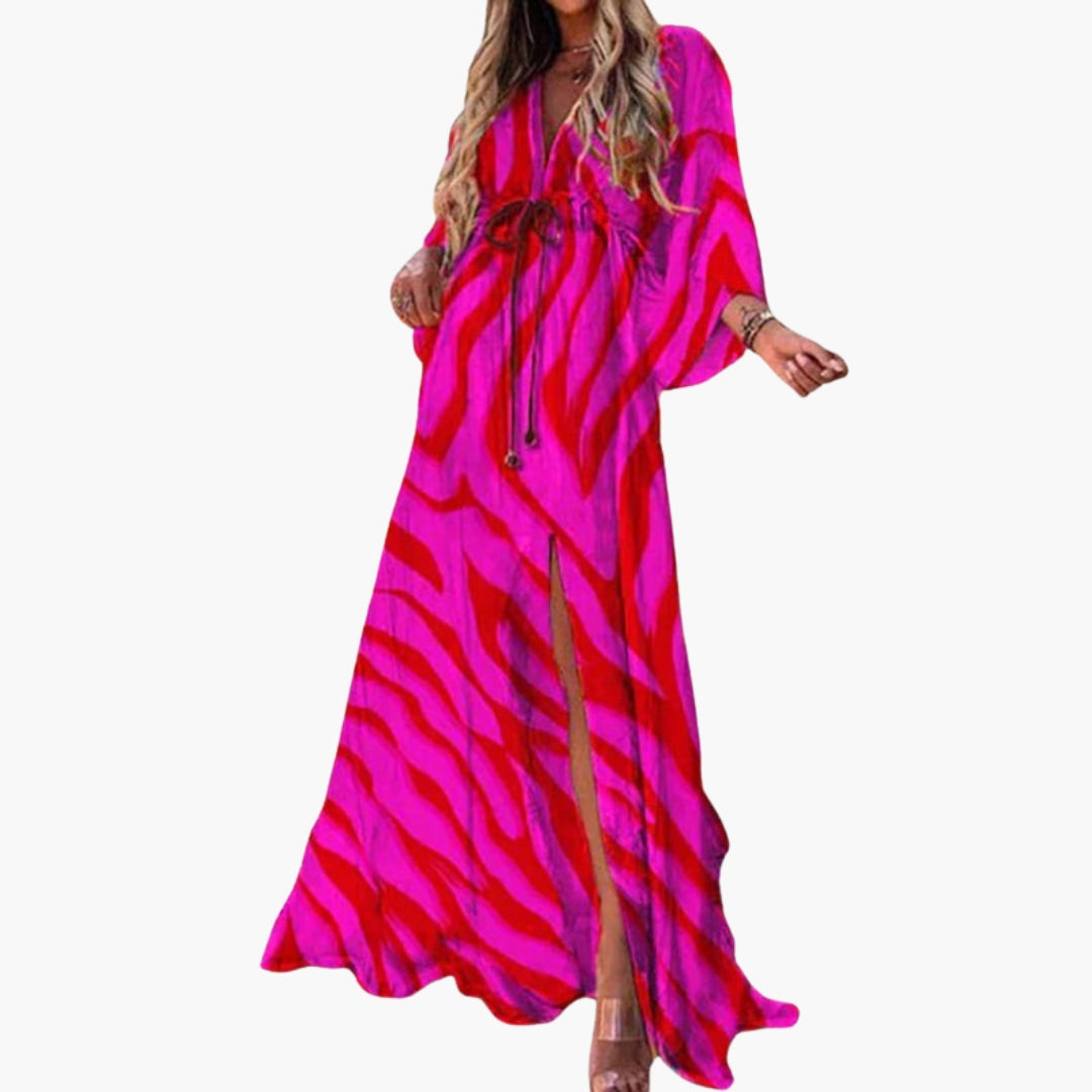 Abito lungo donna con scollo a V e vita con cordoncino