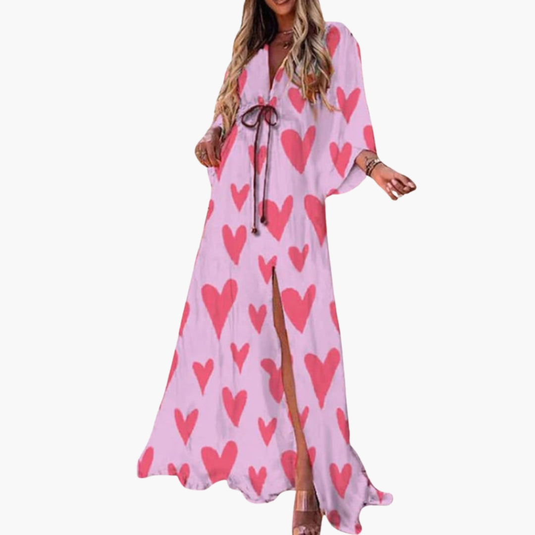 Abito lungo donna con scollo a V e vita con cordoncino