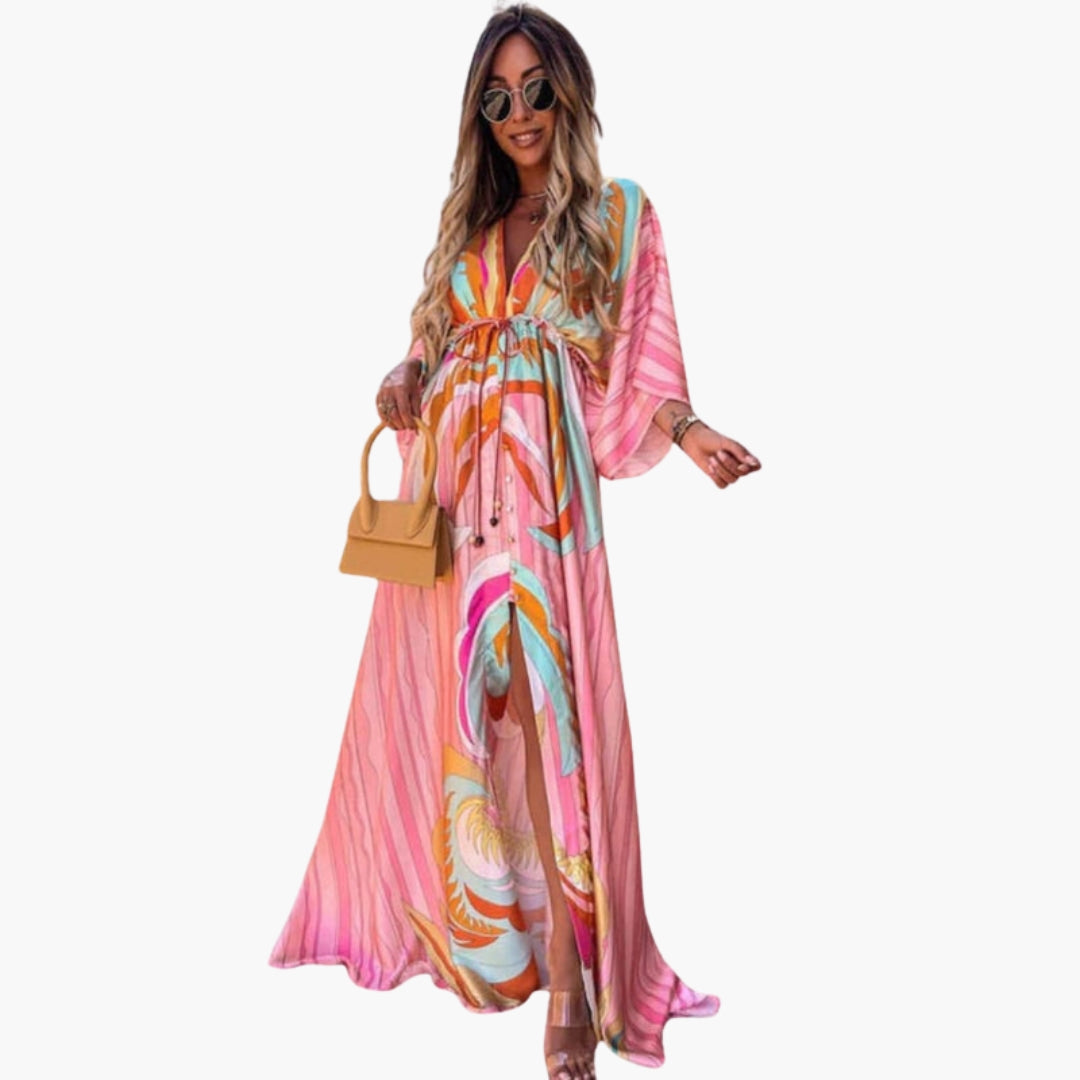 Abito lungo donna con scollo a V e vita con cordoncino