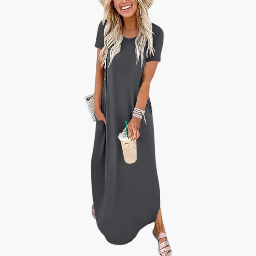 Robe maxi feminina com decote redondo e corte fluido