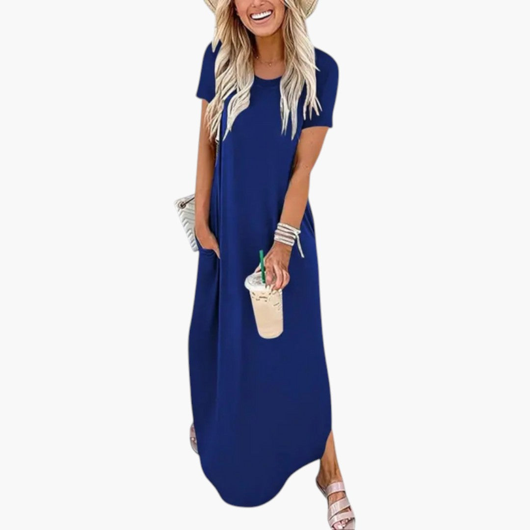 Robe maxi feminina com decote redondo e corte fluido
