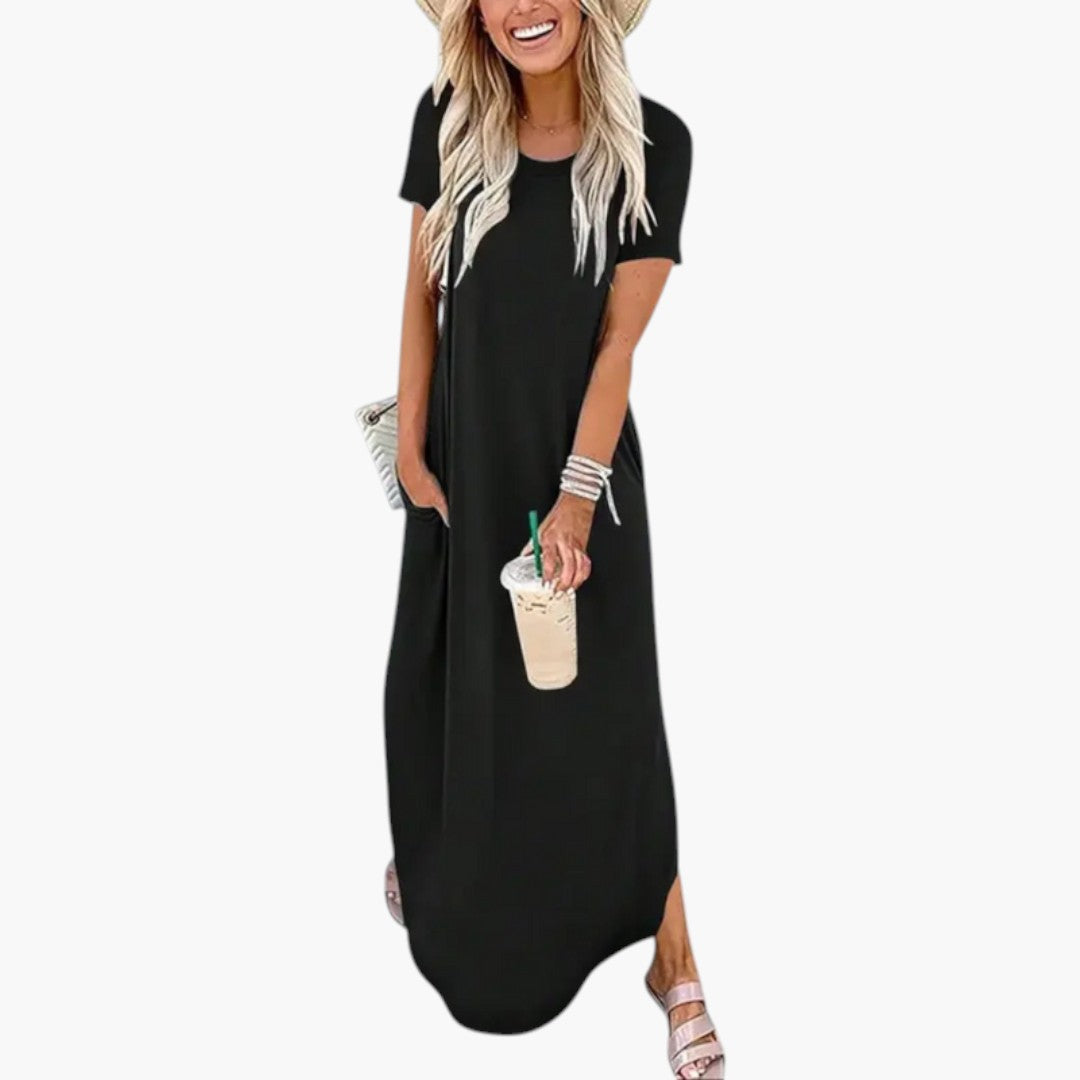 Robe maxi feminina com decote redondo e corte fluido