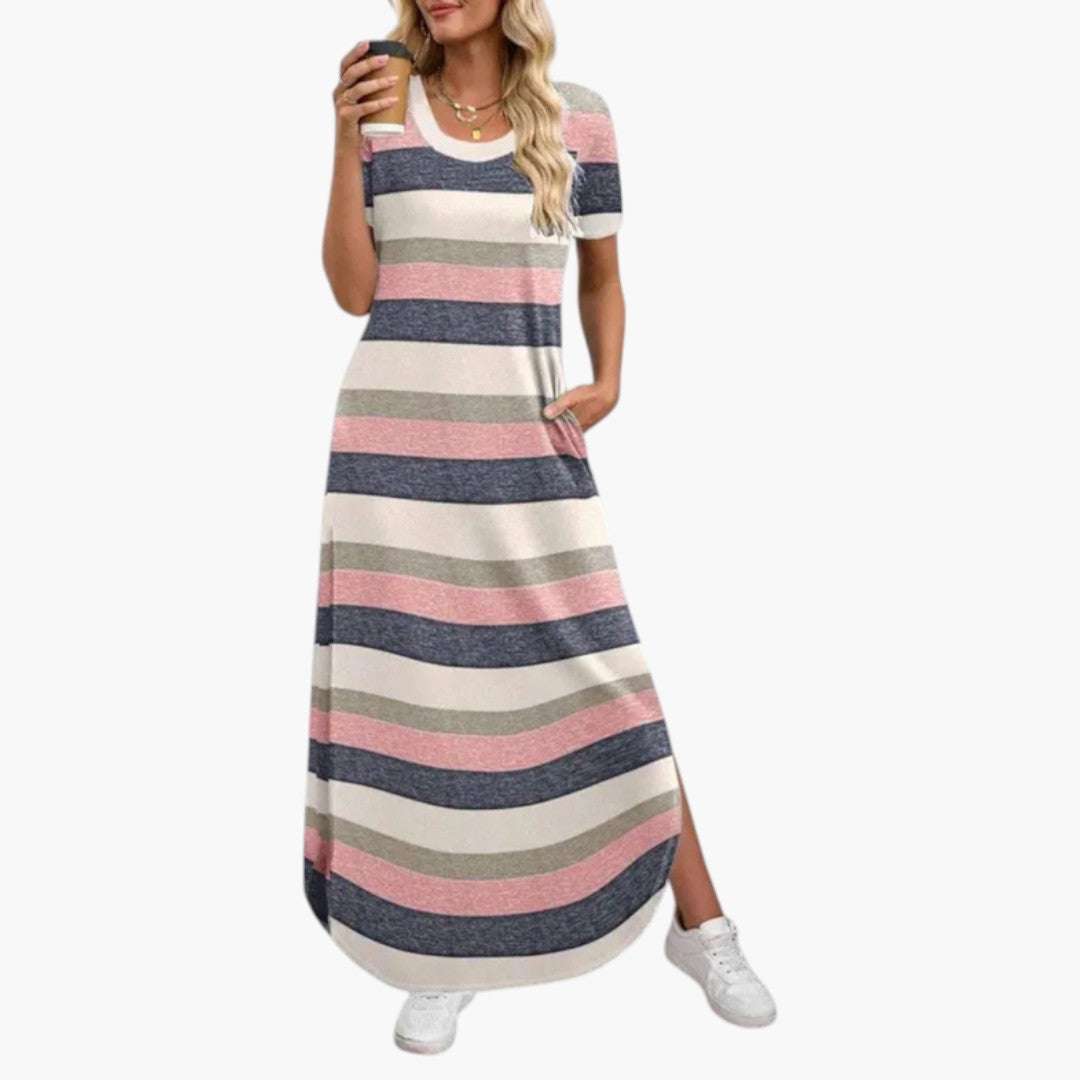 Robe maxi feminina com decote redondo e corte fluido