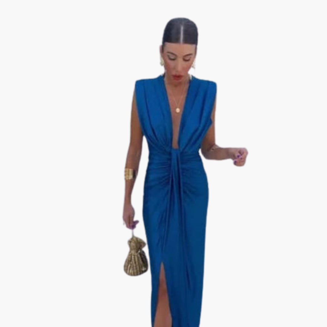 Robe maxi femme col V avec taille plissée