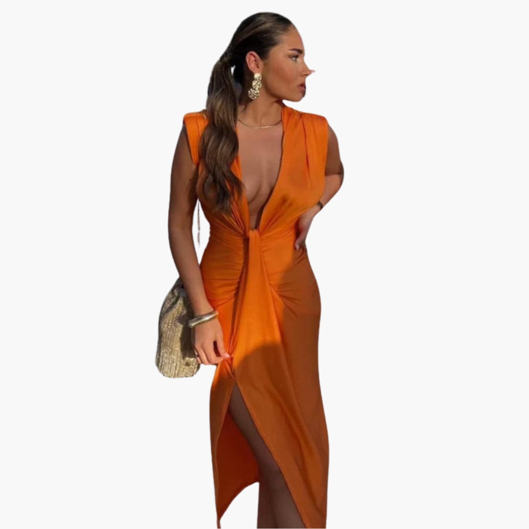 Abito lungo donna con scollo a V e vita plissettata