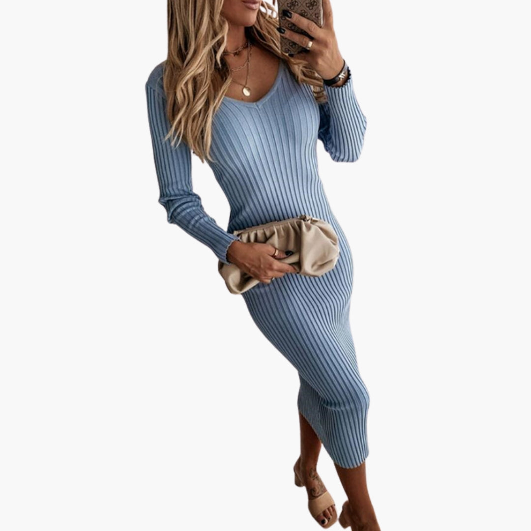 Robe midi femme à manches longues et encolure arrondie