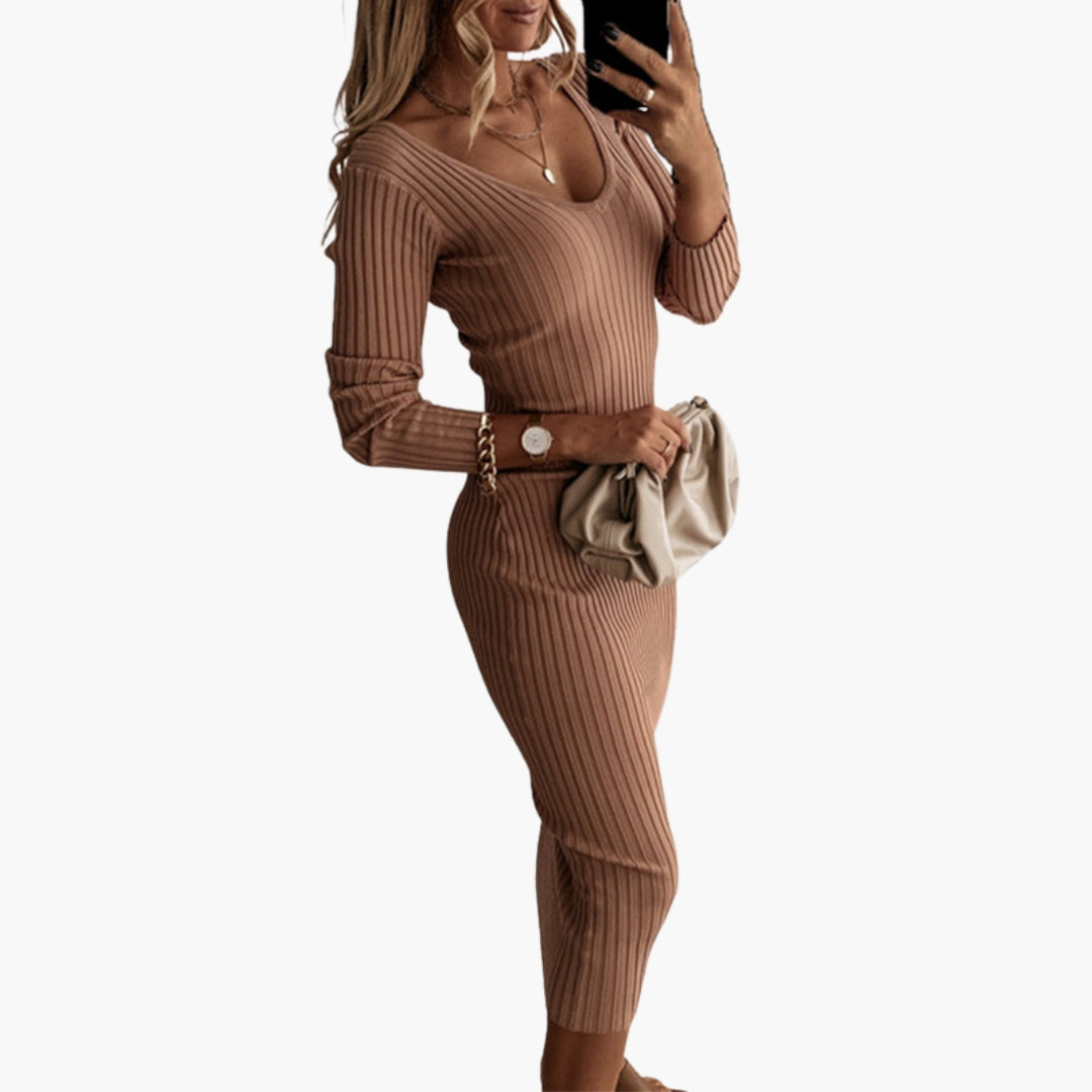 Robe midi femme à manches longues et encolure arrondie
