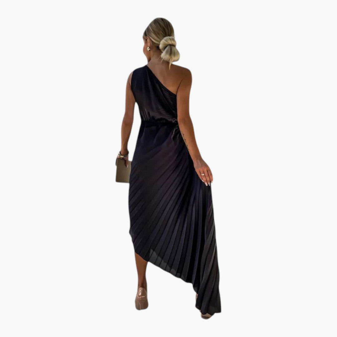 Vestido midi feminino assimétrico de um ombro com pregas