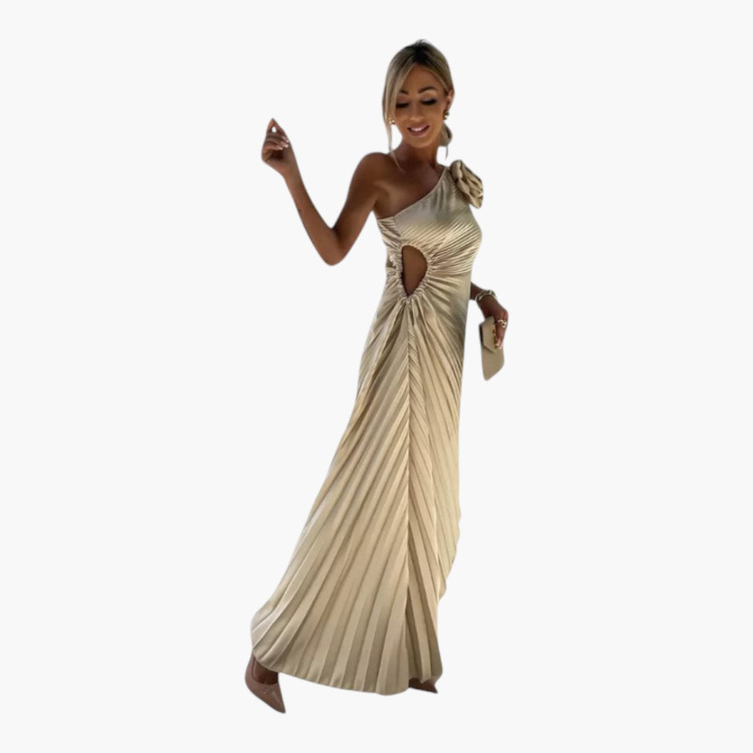 Vestido midi feminino assimétrico de um ombro com pregas