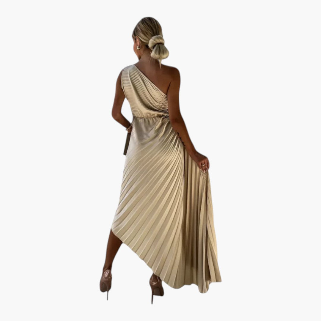 Vestido midi feminino assimétrico de um ombro com pregas