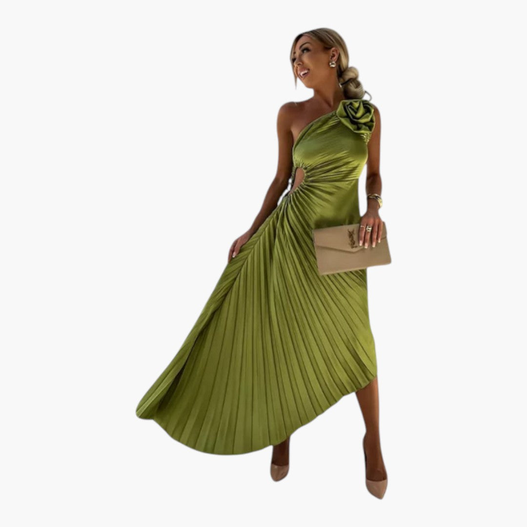 Vestido midi feminino assimétrico de um ombro com pregas