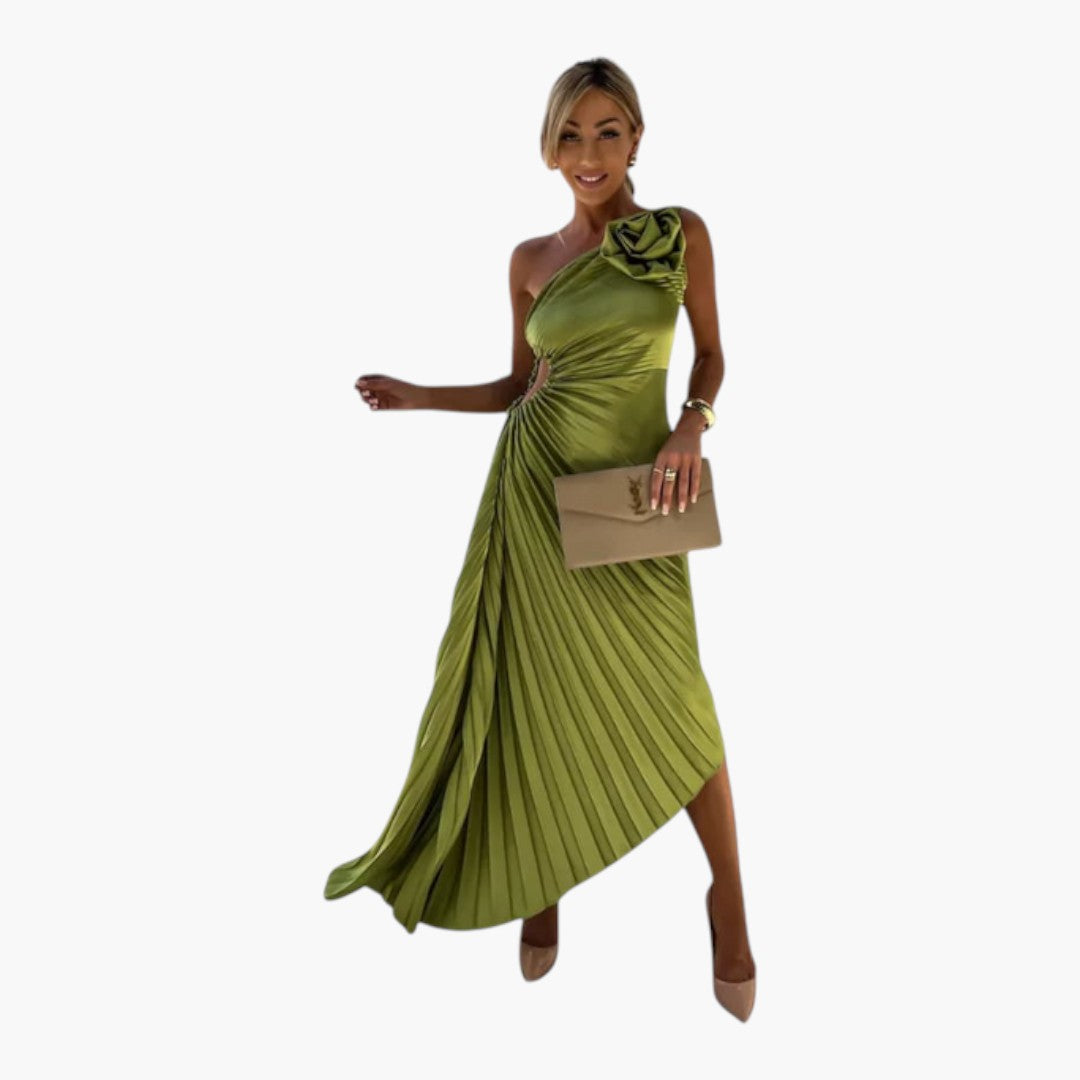 Vestido midi feminino assimétrico de um ombro com pregas