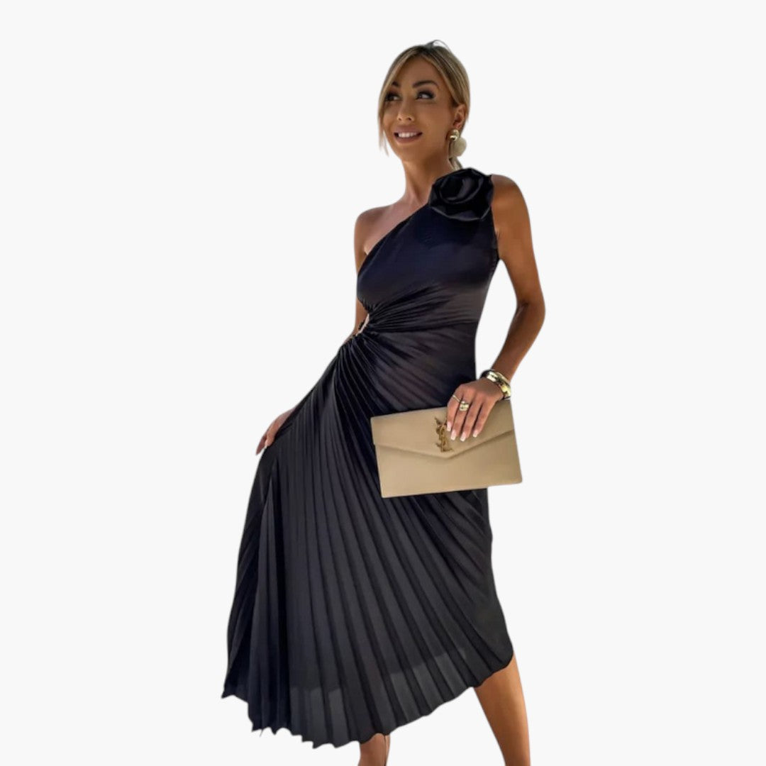 Vestido midi feminino assimétrico de um ombro com pregas