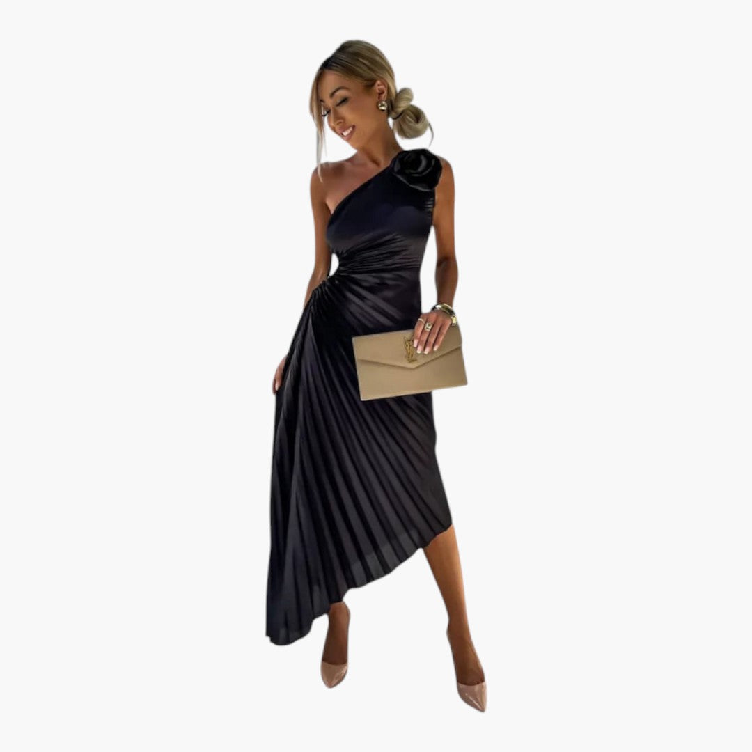 Vestido midi feminino assimétrico de um ombro com pregas