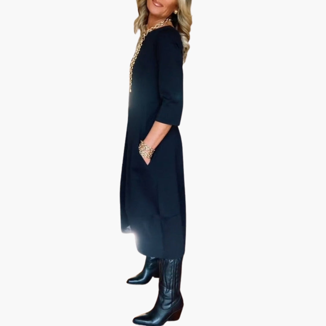 Robe midi femme avec poches et encolure ronde