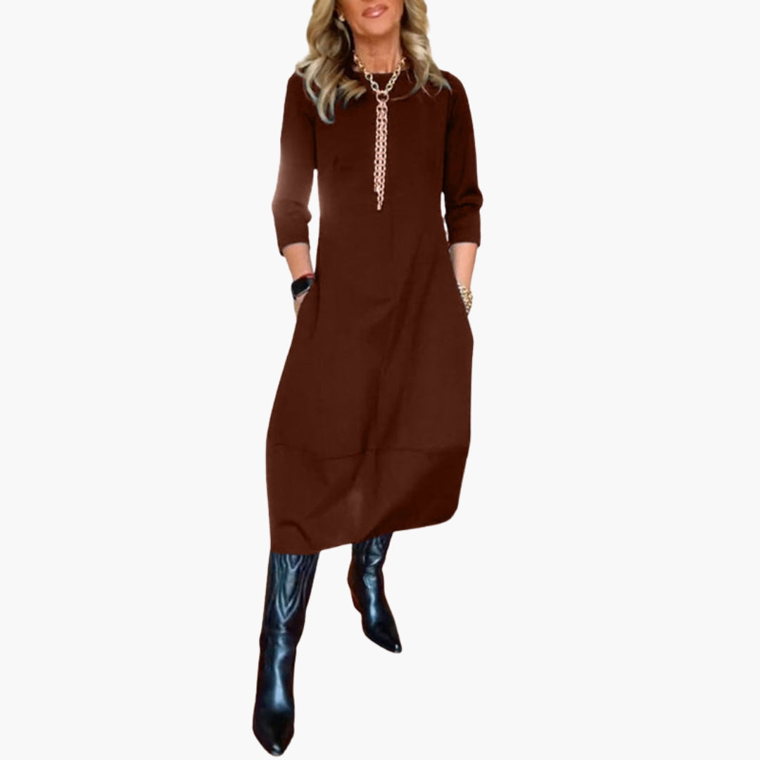 Robe midi femme avec poches et encolure ronde